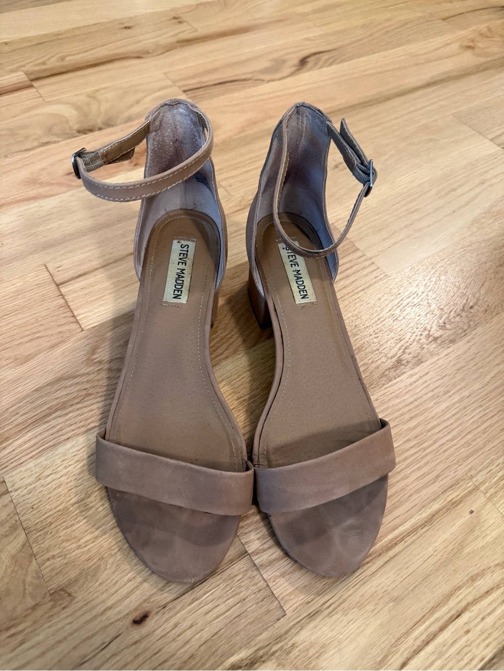 Steve Madden Taupe Ankle-Strap Block Heels